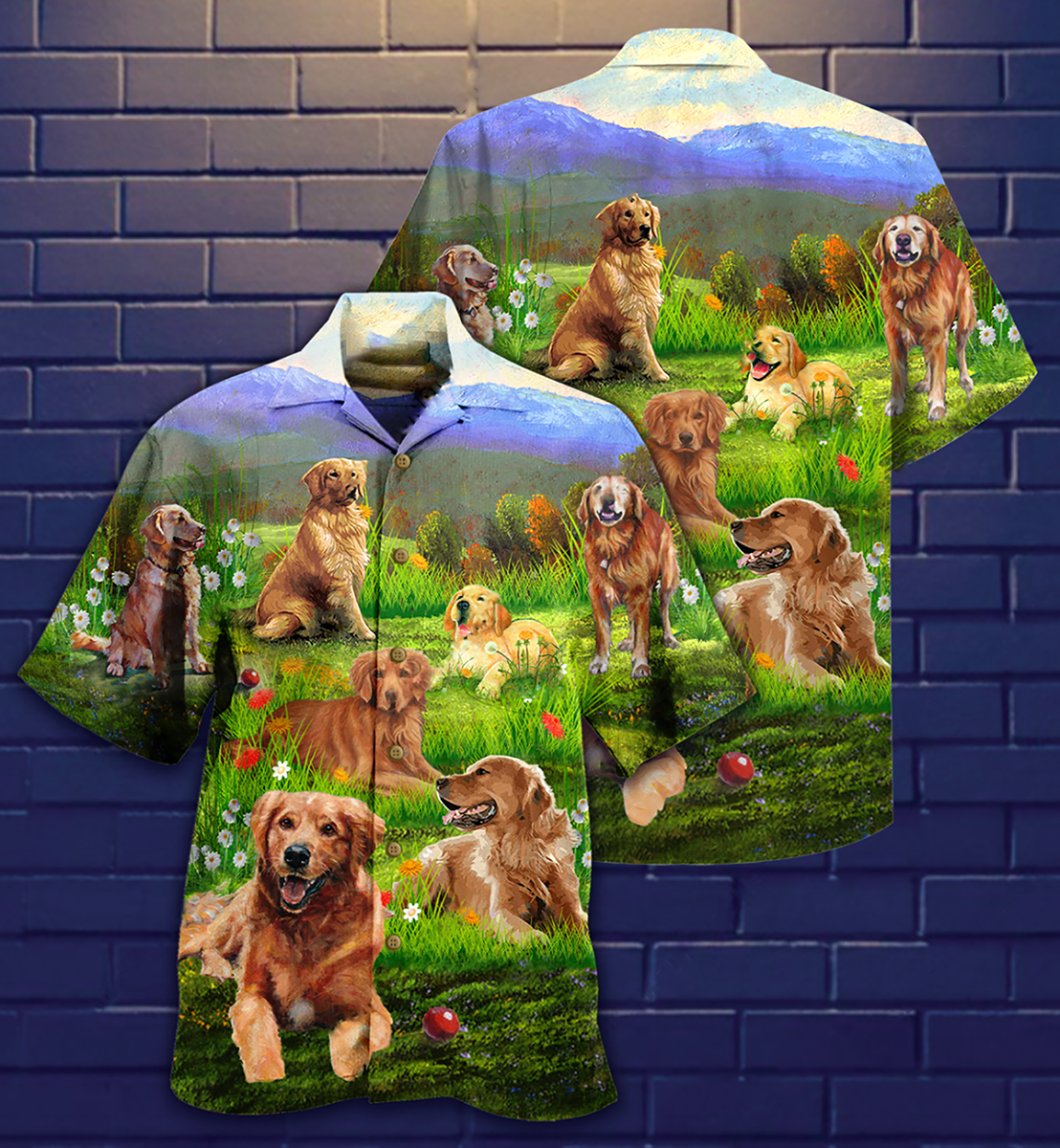 Golden Retriever Love Play The Beautiful Grass - Hawaiian Shirt