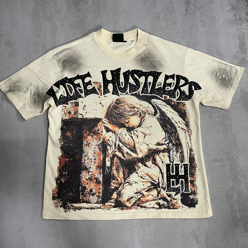 New fashion brand LIFE HUSTLERS Y2K hot stamping hole Men Women T-shirt Streetwear 100% Cotton Loose Round Neck Top Tees