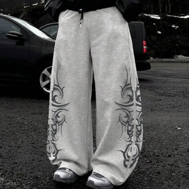 Men's Tribal Print Wide Leg Sweatpants Elastic Waist Drawstring Streetwear Casual Trousers