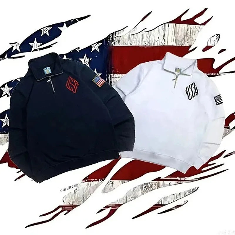 Y2K Vintage Harajuku USA Flag Quarter Zip Sweatshirt American Style Pullover Streetwear Oversized Unisex Casual Long Sleeve Top