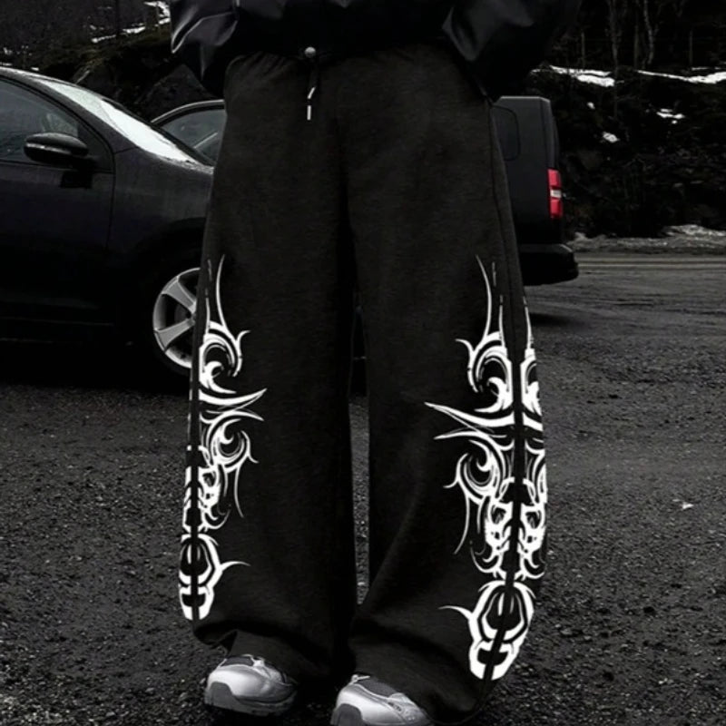 Men's Tribal Print Wide Leg Sweatpants Elastic Waist Drawstring Streetwear Casual Trousers