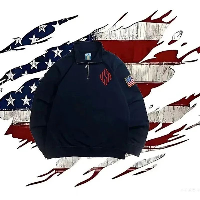 Y2K Vintage Harajuku USA Flag Quarter Zip Sweatshirt American Style Pullover Streetwear Oversized Unisex Casual Long Sleeve Top