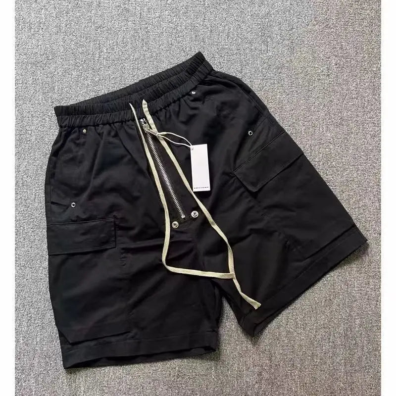 2026 American Gothic Black Hip-Hop Drawstring Multi-Pocket Cargo Shorts Summer Men's Niche Loose Straight Casual Shorts