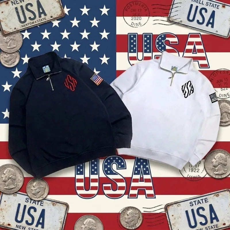 Y2K Vintage Harajuku USA Flag Quarter Zip Sweatshirt American Style Pullover Streetwear Oversized Unisex Casual Long Sleeve Top